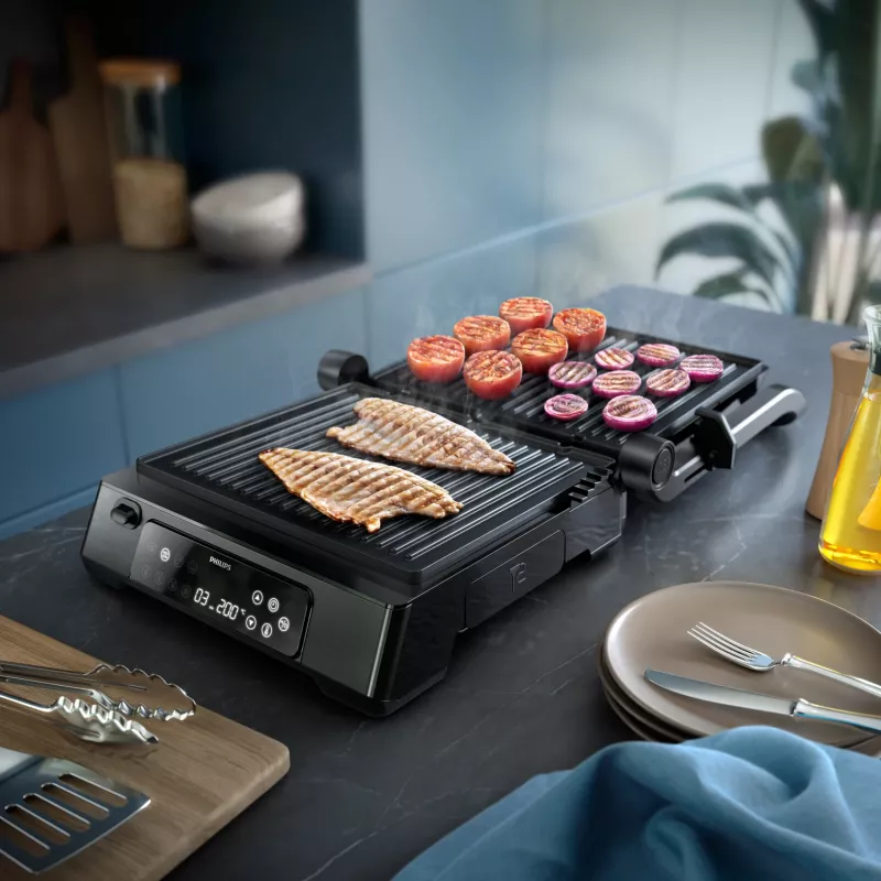 Parrilla de contacto Philips serie 7000, Negra, Rectangular, Táctil, 220 °C, tapa abatible, tapa de cierre, 180°