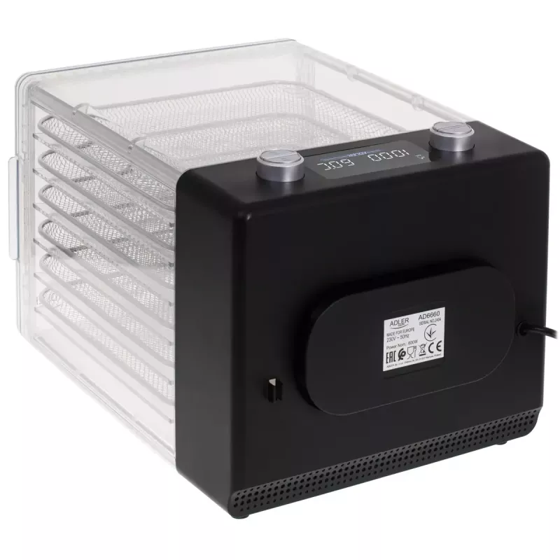 Deshidratador de alimentos Adler AD 6660, 600 W, 6 bandejas, termostato regulable, acero, diseño plegable
