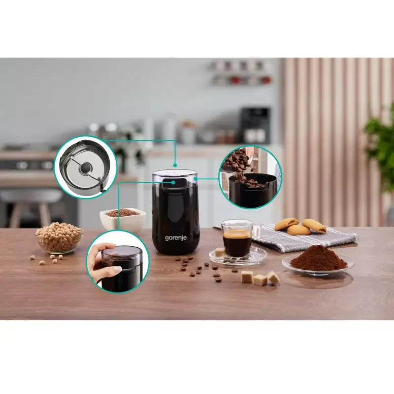 Molinillo de café Gorenje SMK150SB — motor de 150 W, capacidad de granos 45 g, cuchillas de acero inoxidable, negro