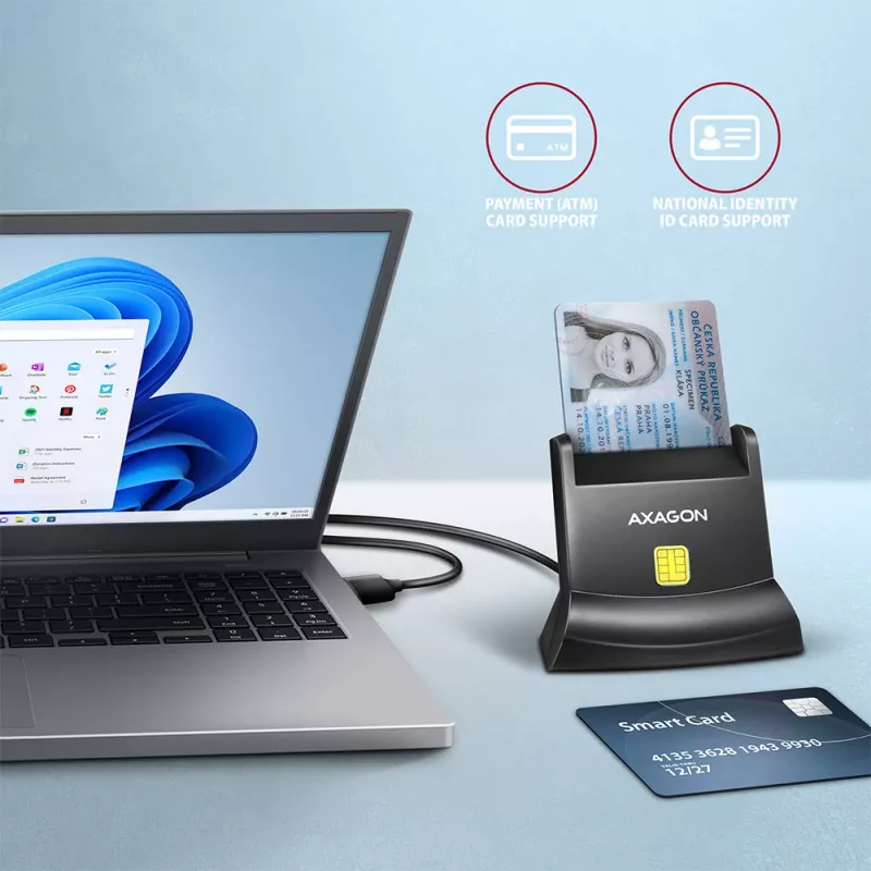 Lector de tarjetas inteligentes/ID de contacto USB universal de sobremesa Axagon con cable USB-A largo. Apto para la aplicación eObanka. Lector de tarjetas inteligentes interior USB 2.0 negro