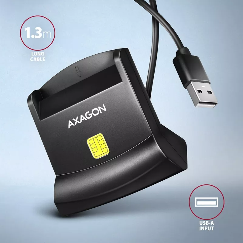 Lector de tarjetas inteligentes/ID de contacto USB universal de sobremesa Axagon con cable USB-A largo. Apto para la aplicación eObanka. Lector de tarjetas inteligentes interior USB 2.0 negro