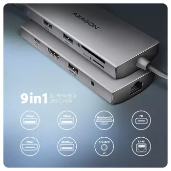 Axagon HMC-8HLSA, hub USB 5Gbps, 3x USB-A, HDMI 4K/60Hz, RJ-45, SD/microSD, audio, PD 100W