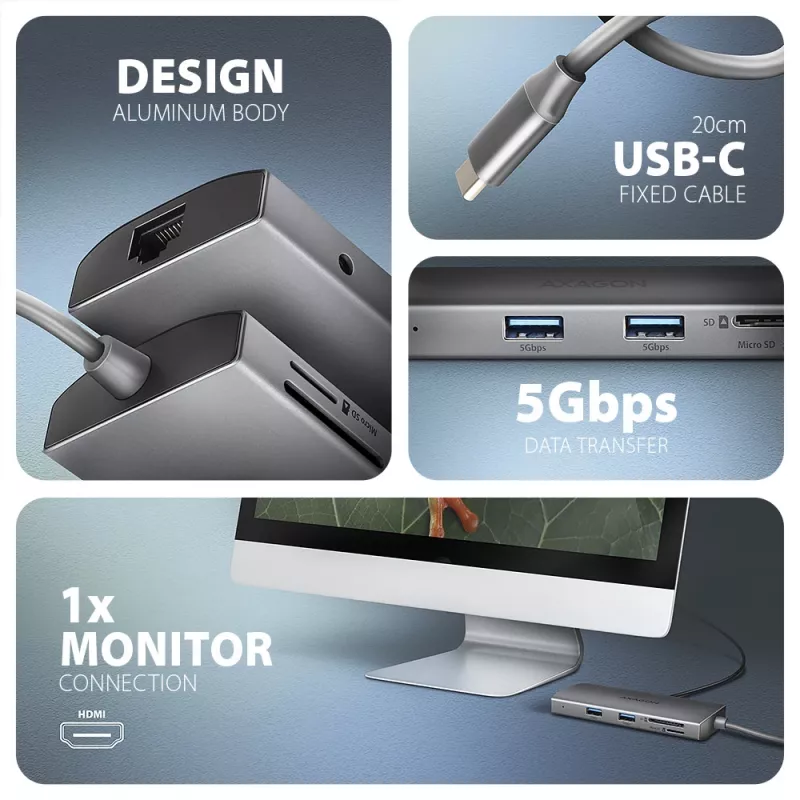 Axagon HMC-8HLSA, hub USB 5Gbps, 3x USB-A, HDMI 4K/60Hz, RJ-45, SD/microSD, audio, PD 100W
