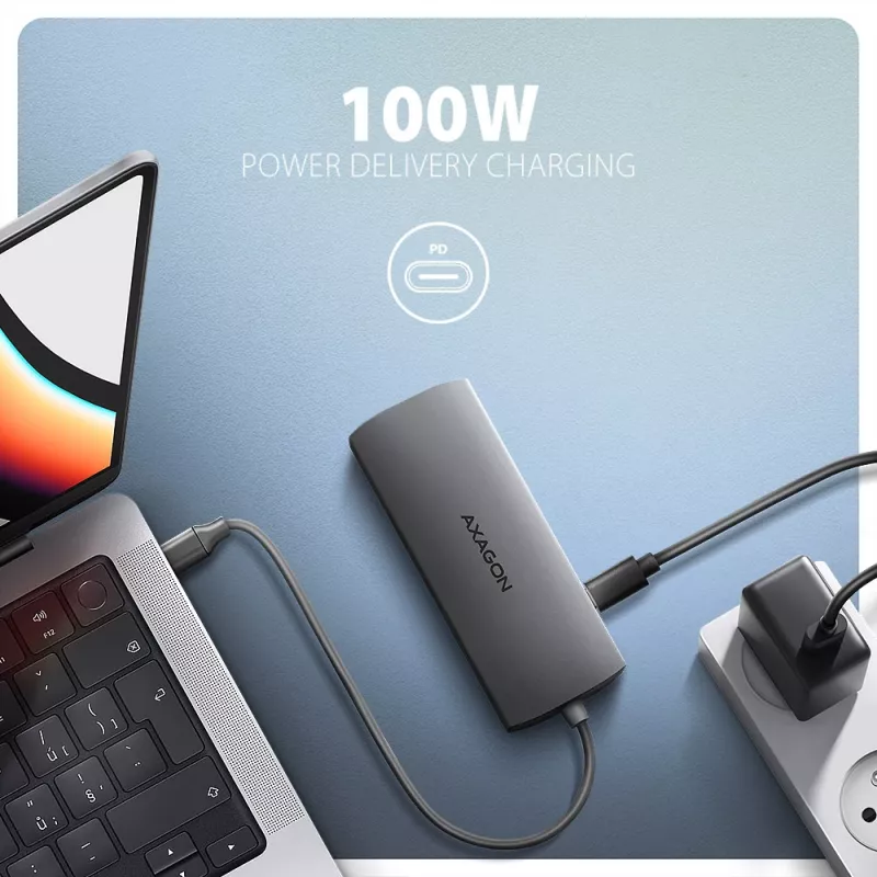 Axagon HMC-8HLSA, hub USB 5Gbps, 3x USB-A, HDMI 4K/60Hz, RJ-45, SD/microSD, audio, PD 100W