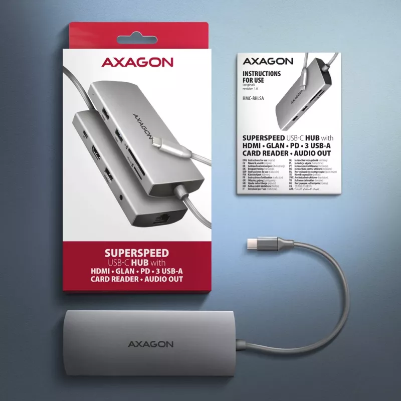 Axagon HMC-8HLSA, hub USB 5Gbps, 3x USB-A, HDMI 4K/60Hz, RJ-45, SD/microSD, audio, PD 100W