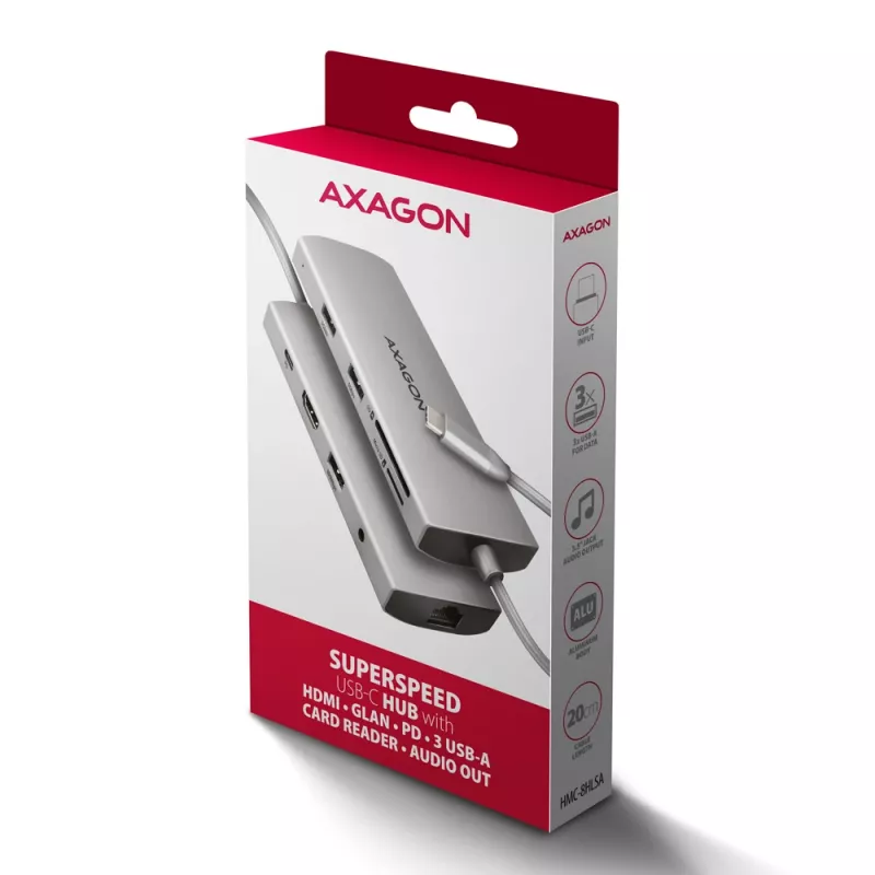 Axagon HMC-8HLSA, hub USB 5Gbps, 3x USB-A, HDMI 4K/60Hz, RJ-45, SD/microSD, audio, PD 100W
