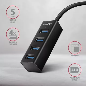 Hub mini Axagon HUE-M1A 4x USB 3.2 Gen 1, metal, cable USB-A de 20 cm