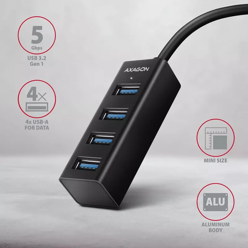 Hub mini Axagon HUE-M1A 4x USB 3.2 Gen 1, metal, cable USB-A de 20 cm