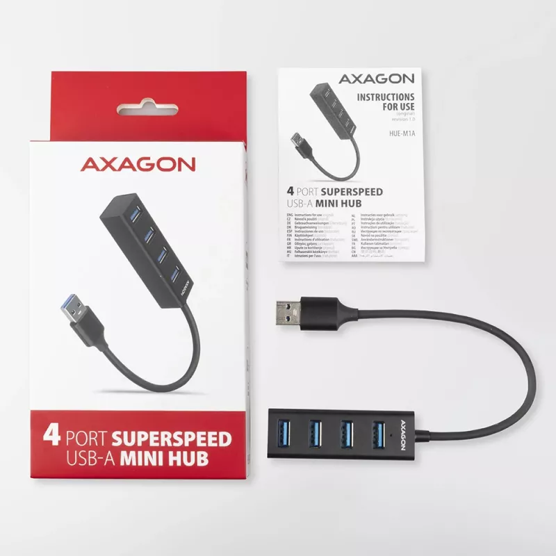 Hub mini Axagon HUE-M1A 4x USB 3.2 Gen 1, metal, cable USB-A de 20 cm