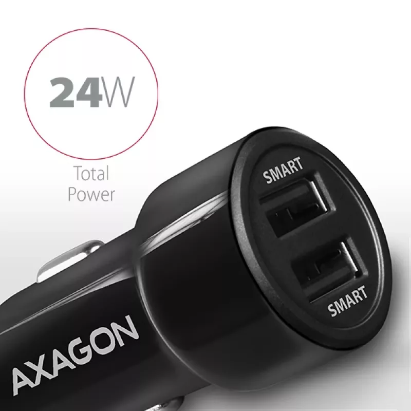 Cargador de coche automático Axagon PWC-5V5 SMART 24W, 2 puertos USB-A, 5V/2,4A + 5V/2,4A