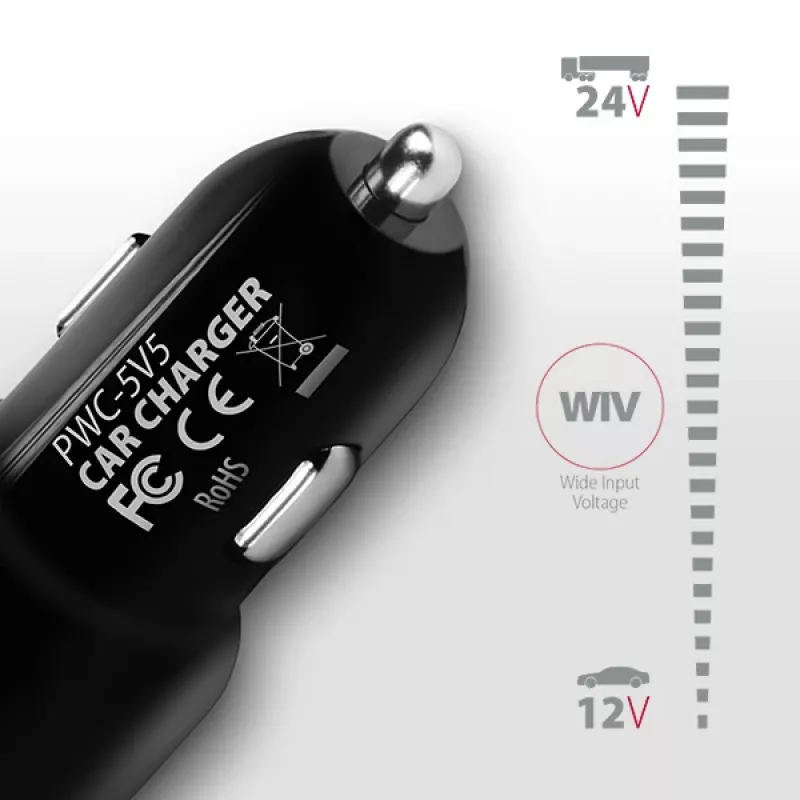 Cargador de coche automático Axagon PWC-5V5 SMART 24W, 2 puertos USB-A, 5V/2,4A + 5V/2,4A