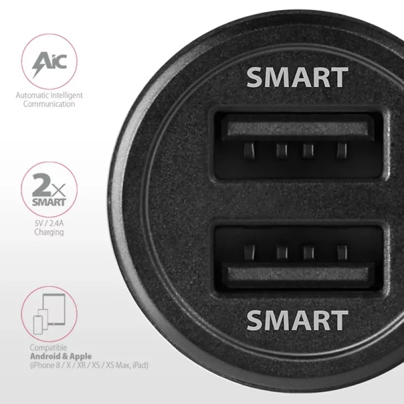 Cargador de coche automático Axagon PWC-5V5 SMART 24W, 2 puertos USB-A, 5V/2,4A + 5V/2,4A