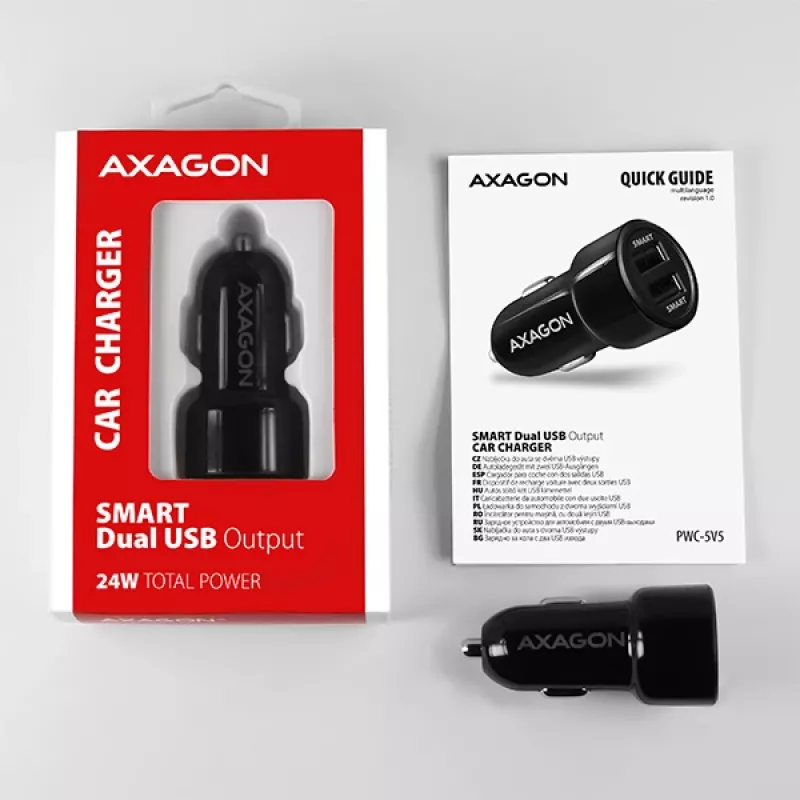 Cargador de coche automático Axagon PWC-5V5 SMART 24W, 2 puertos USB-A, 5V/2,4A + 5V/2,4A