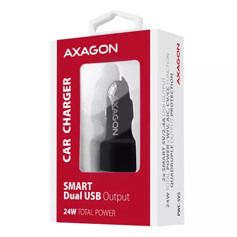 Cargador de coche automático Axagon PWC-5V5 SMART 24W, 2 puertos USB-A, 5V/2,4A + 5V/2,4A