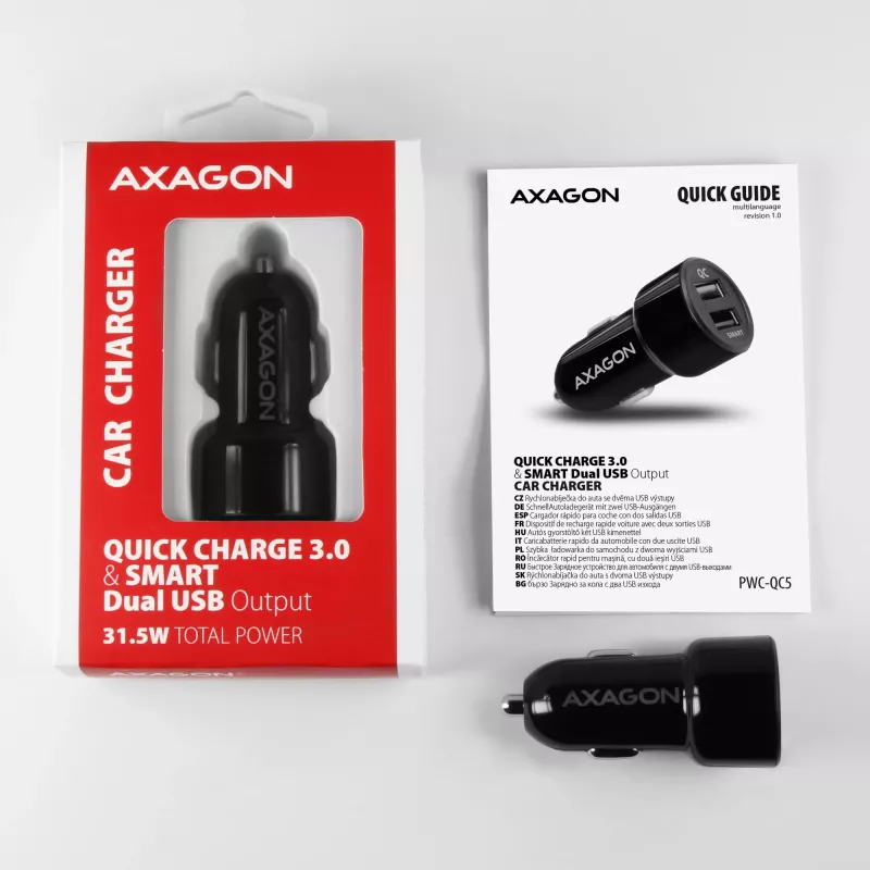 Cargador para dispositivos móviles móvil, smartphone, tablet, universal negro mechero de coche carga rápida coche Axagon PWC-QC5