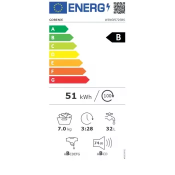 Lavadora Gorenje W3NGPI72SBS carga frontal 7 kg, 1200 rpm, LCD, vapor, 59,5×43,5 cm, clase energética B