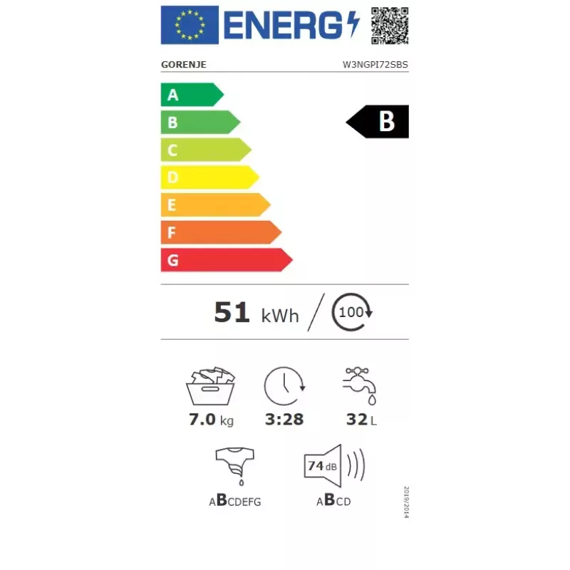Lavadora Gorenje W3NGPI72SBS carga frontal 7 kg, 1200 rpm, LCD, vapor, 59,5×43,5 cm, clase energética B