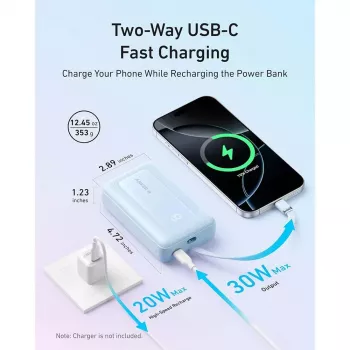 Batería externa Anker Zolo 10000mAh, 30W Super Fast Charging, cable USB-C integrado, blanco