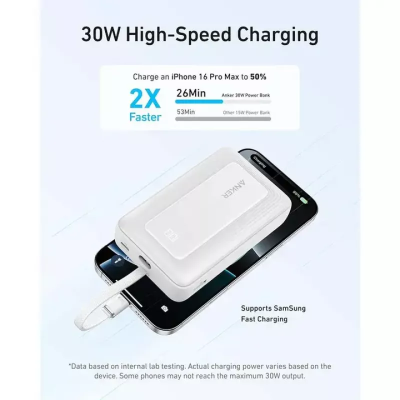 Batería externa Anker Zolo 10000mAh, 30W Super Fast Charging, cable USB-C integrado, blanco