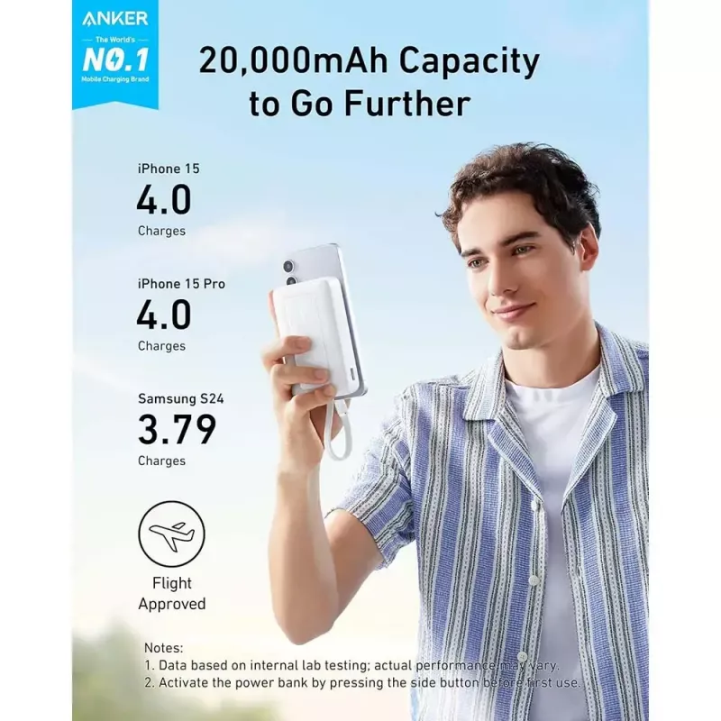 Batería externa Anker Zolo 10000mAh, 30W Super Fast Charging, cable USB-C integrado, blanco