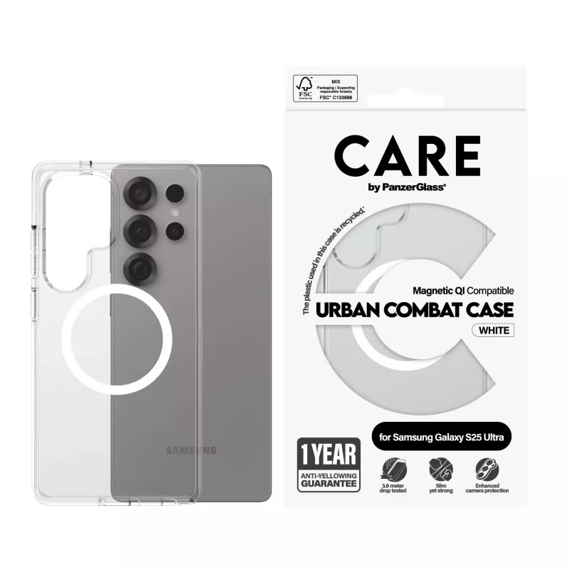 PanzerGlass CARE™ by ® Urban Combat Case Transparente con Blanco Compatible con Qi Samsung Galaxy S25 Ultra