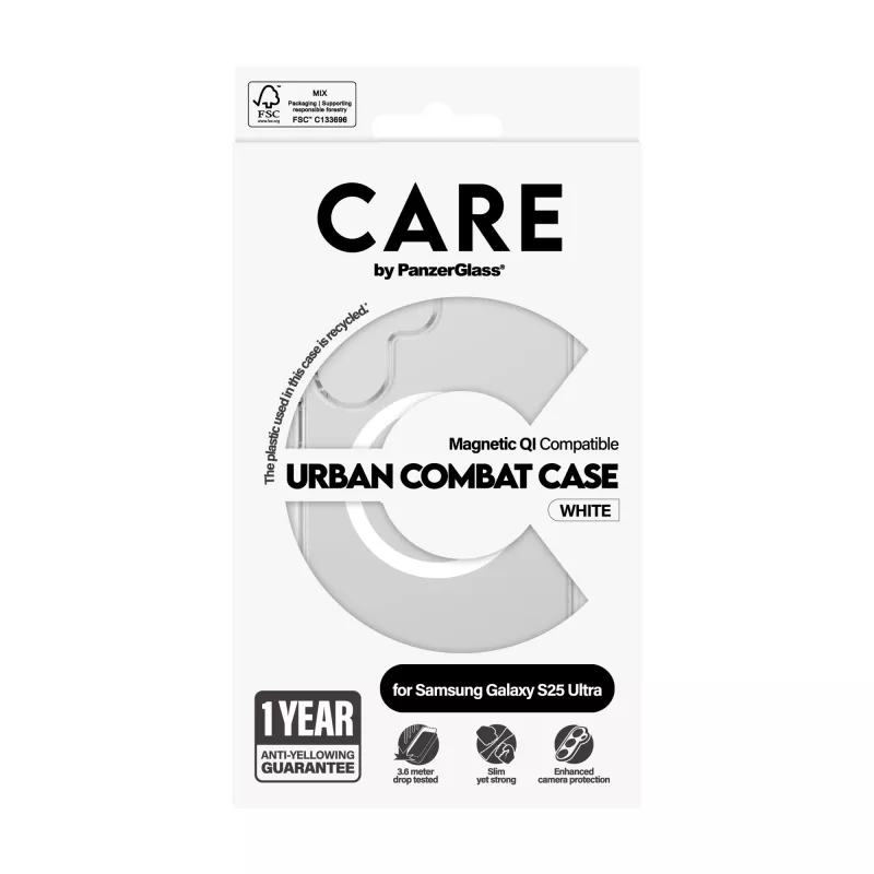 PanzerGlass CARE™ by ® Urban Combat Case Transparente con Blanco Compatible con Qi Samsung Galaxy S25 Ultra