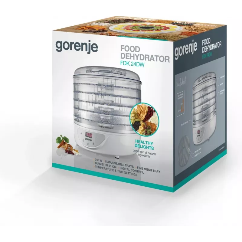 Deshidratador de alimentos Gorenje FDK 24 DW — blanco transparente, rejilla Ø31 cm, 240 W, máx 70°C
