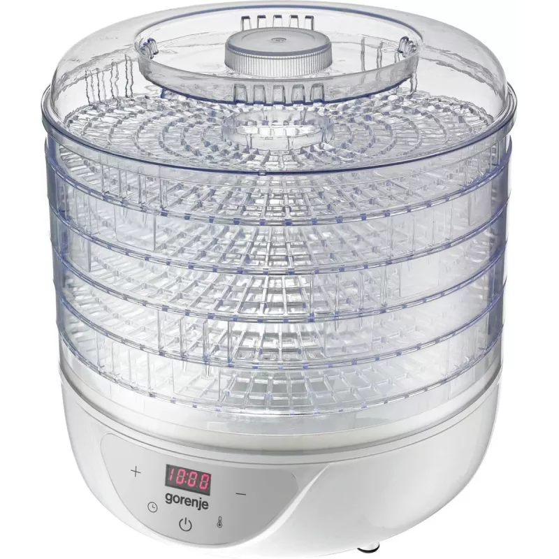 Deshidratador de alimentos Gorenje FDK 24 DW — blanco transparente, rejilla Ø31 cm, 240 W, máx 70°C