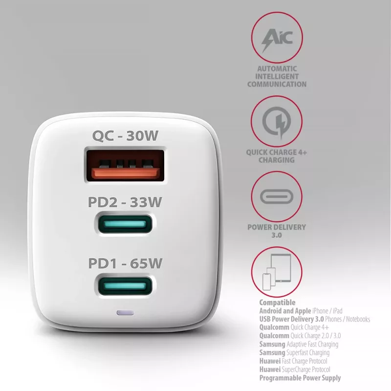 Axagon ACU-DPQ65W PD3.0 & QC4+ Cargador de pared con 3 SALIDAS 65W