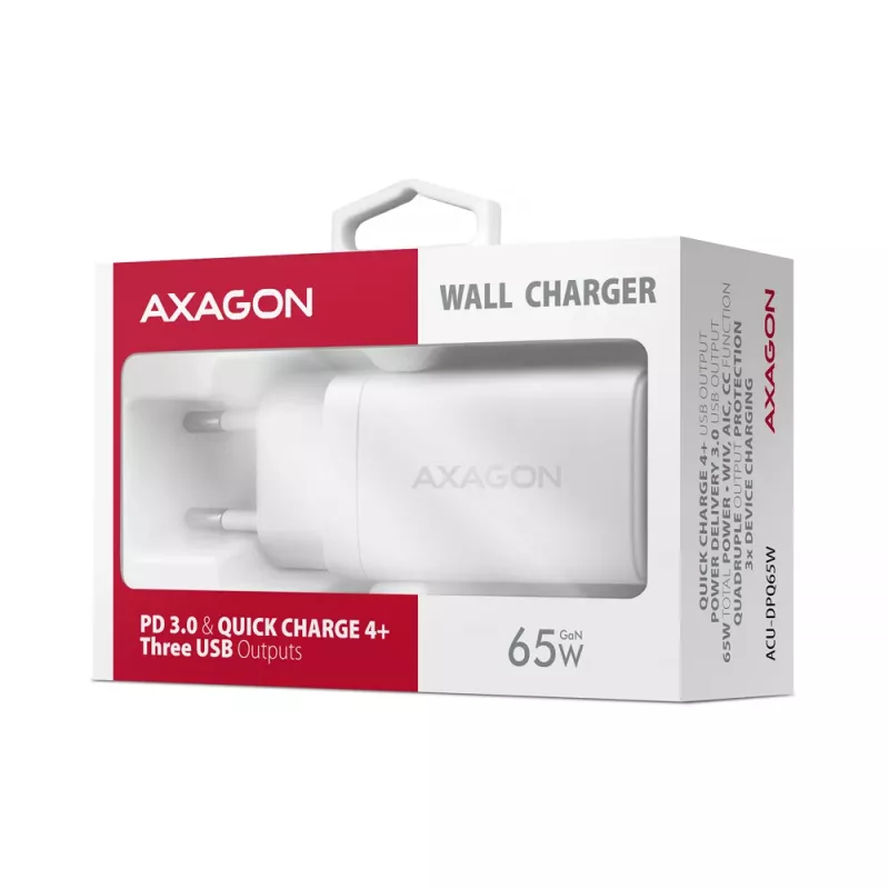 Axagon ACU-DPQ65W PD3.0 & QC4+ Cargador de pared con 3 SALIDAS 65W