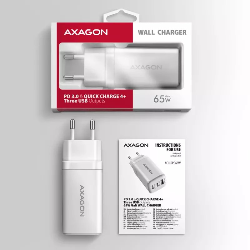 Axagon ACU-DPQ65W PD3.0 & QC4+ Cargador de pared con 3 SALIDAS 65W