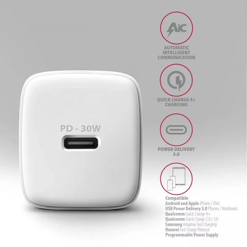 Cargador de pared Axagon ACU-PD30W 1x QC3.0/AFC/FCP/PD Type-C 30W blanco