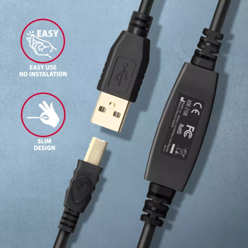 Axagon ADR-210B Cable activo de conexión/repetidor USB 2.0 conector macho A a conector macho B, 10 m