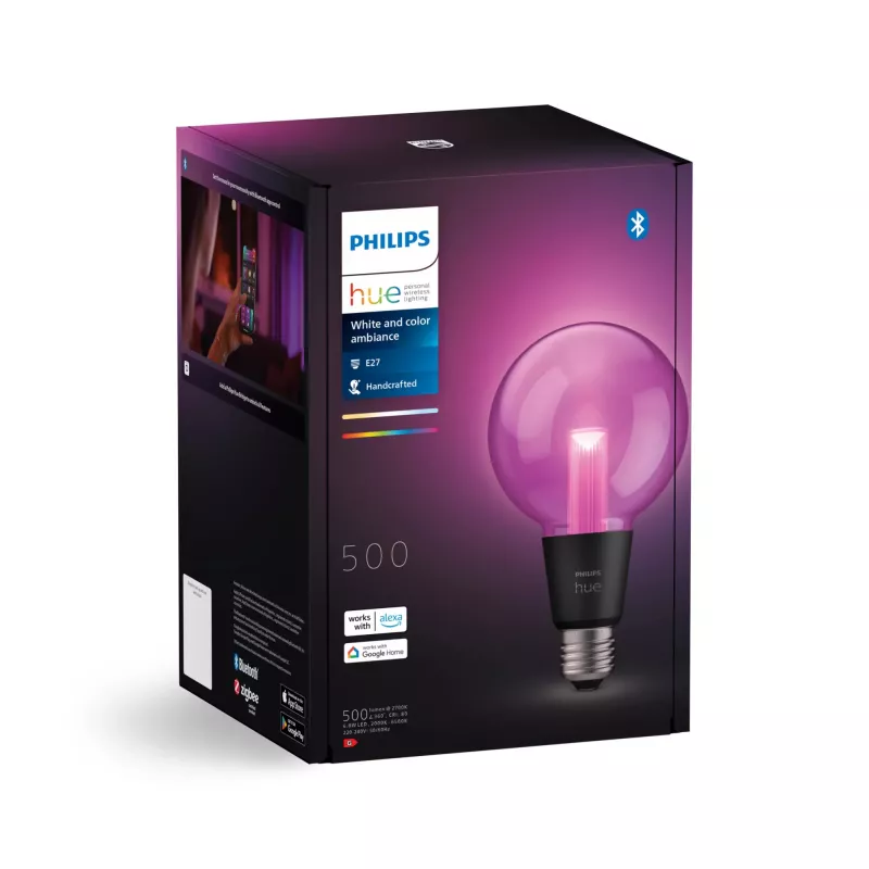 Bombilla inteligente Philips Hue White and Colour Ambience G95 E27, 6,8 W, Bluetooth/Zigbee, transparente
