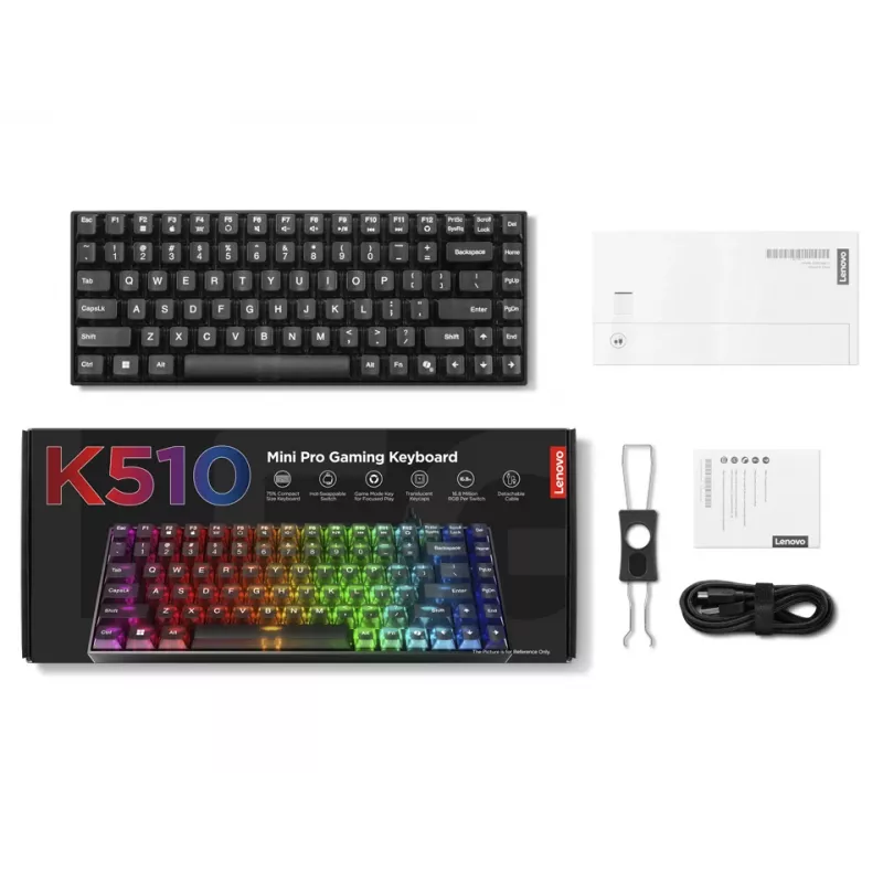 Teclado mecánico gaming Lenovo Legion K510 Mini Pro 75% US-Inglés, 84 teclas, RGB, USB, cable de 1,8 m, negro/transparente
