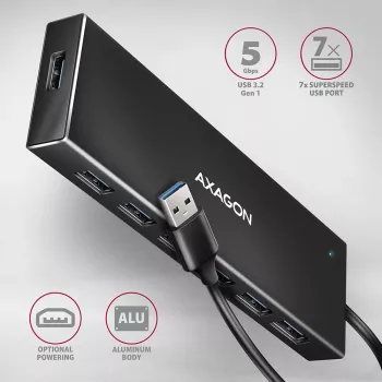 Hub Axagon HUE-F7A 7x USB 3.2 Gen 1 ALU FLAT con micro alimentación IN cable de 1m USB-A USB 3.2 Gen 1 (3.1 Gen 1) Type-A 5000 Mbit/s negro