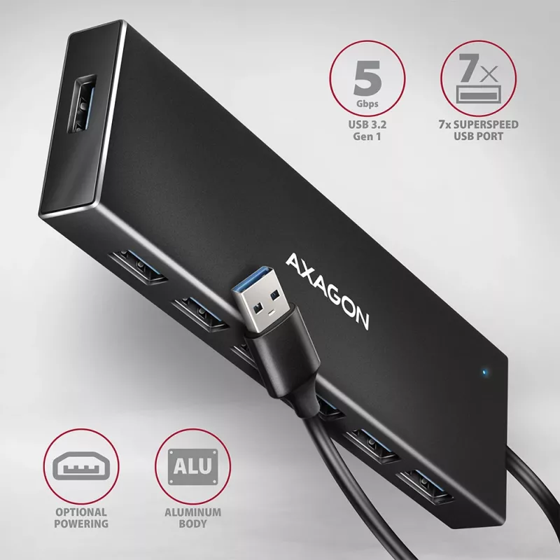 Hub Axagon HUE-F7A 7x USB 3.2 Gen 1 ALU FLAT con micro alimentación IN cable de 1m USB-A USB 3.2 Gen 1 (3.1 Gen 1) Type-A 5000 Mbit/s negro