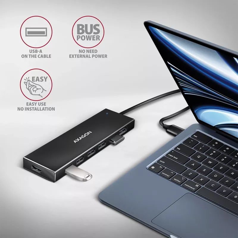 Hub Axagon HUE-F7A 7x USB 3.2 Gen 1 ALU FLAT con micro alimentación IN cable de 1m USB-A USB 3.2 Gen 1 (3.1 Gen 1) Type-A 5000 Mbit/s negro