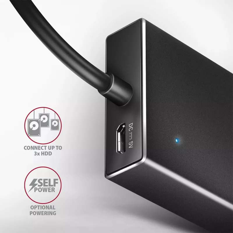 Hub Axagon HUE-F7A 7x USB 3.2 Gen 1 ALU FLAT con micro alimentación IN cable de 1m USB-A USB 3.2 Gen 1 (3.1 Gen 1) Type-A 5000 Mbit/s negro