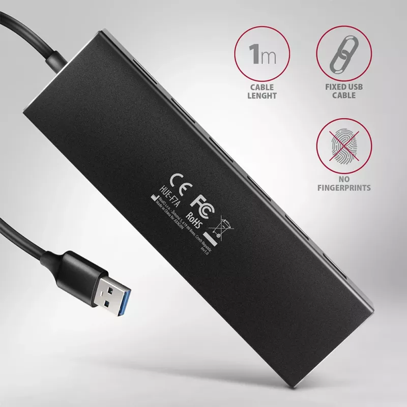 Hub Axagon HUE-F7A 7x USB 3.2 Gen 1 ALU FLAT con micro alimentación IN cable de 1m USB-A USB 3.2 Gen 1 (3.1 Gen 1) Type-A 5000 Mbit/s negro
