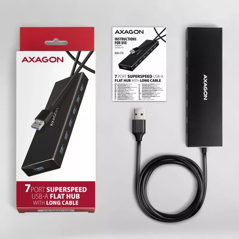 Hub Axagon HUE-F7A 7x USB 3.2 Gen 1 ALU FLAT con micro alimentación IN cable de 1m USB-A USB 3.2 Gen 1 (3.1 Gen 1) Type-A 5000 Mbit/s negro