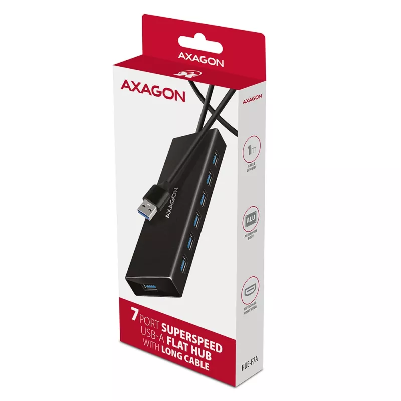 Hub Axagon HUE-F7A 7x USB 3.2 Gen 1 ALU FLAT con micro alimentación IN cable de 1m USB-A USB 3.2 Gen 1 (3.1 Gen 1) Type-A 5000 Mbit/s negro