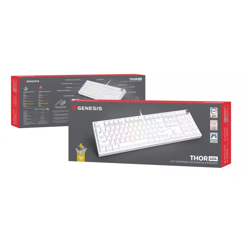 Teclado mecánico GENESIS THOR 404, tamaño completo USB, QWERTY inglés, retroiluminación RGB, blanco