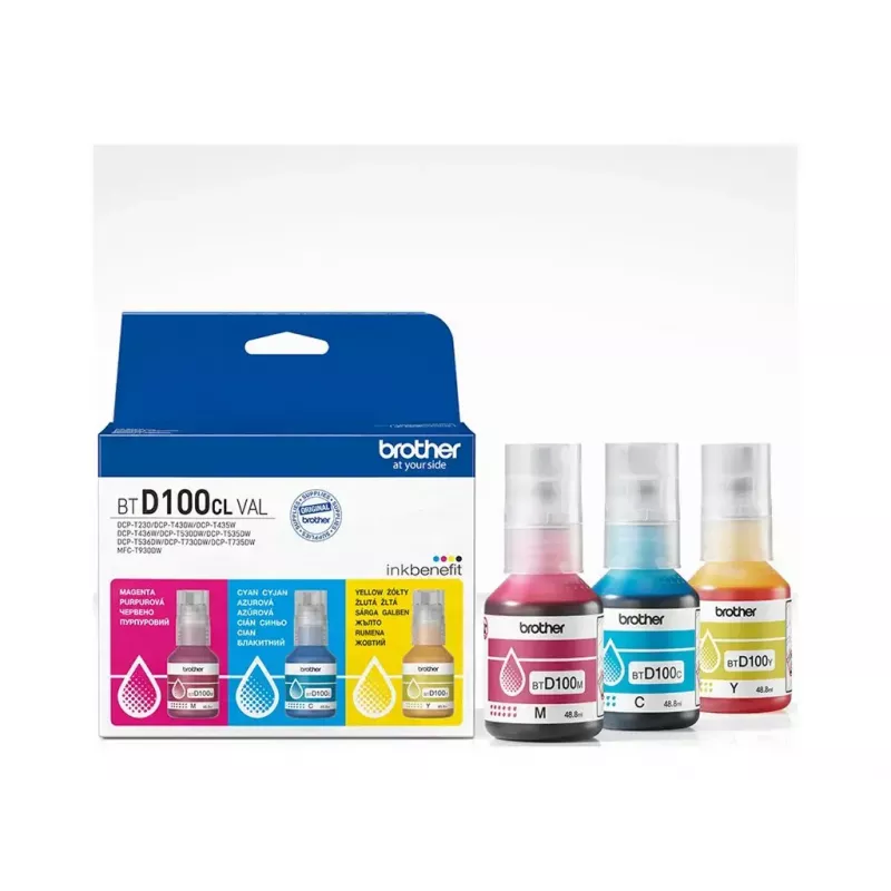 Botellas de tinta Brother BTD100CLVAL Magenta, Cian, Amarillo — tinta en color Original, 5000 páginas de rendimiento