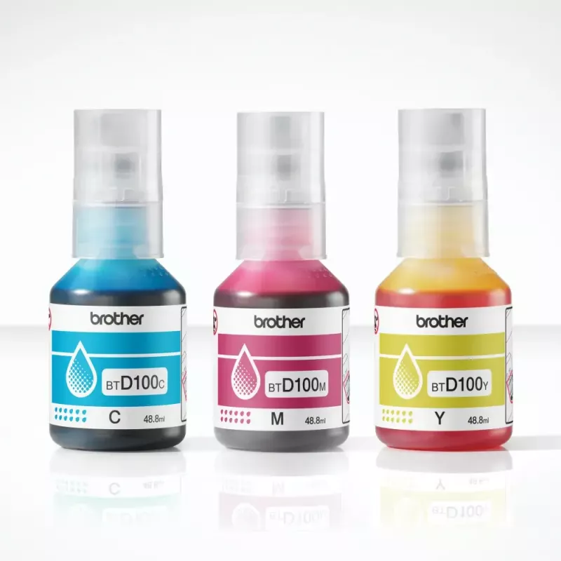 Botellas de tinta Brother BTD100CLVAL Magenta, Cian, Amarillo — tinta en color Original, 5000 páginas de rendimiento