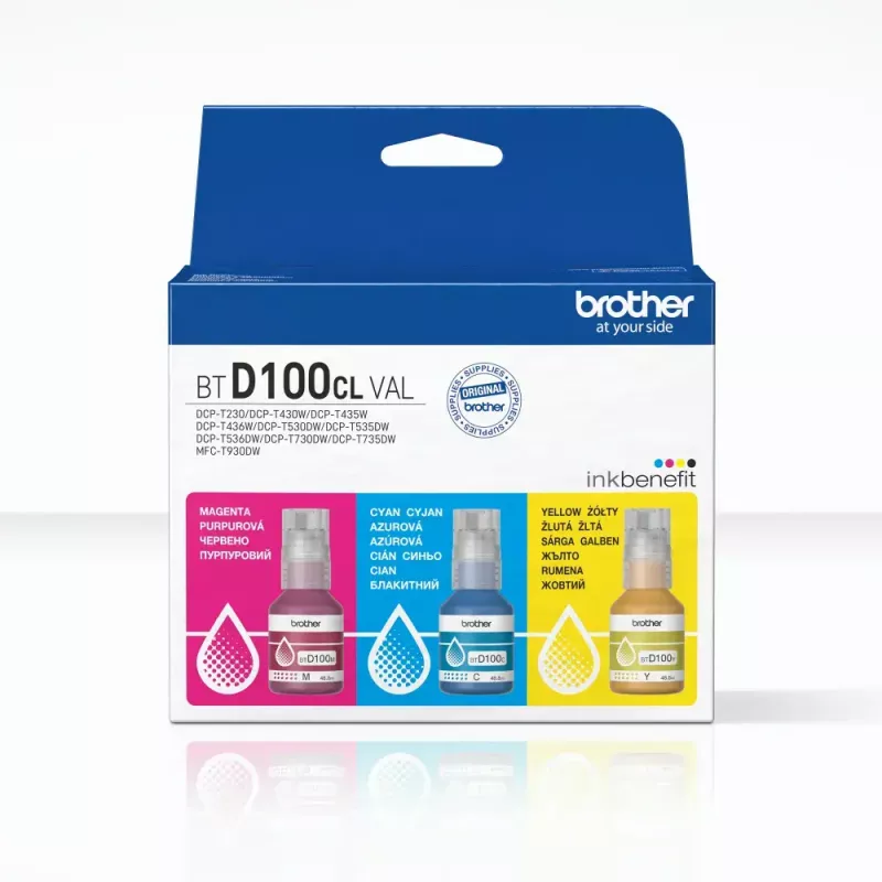 Botellas de tinta Brother BTD100CLVAL Magenta, Cian, Amarillo — tinta en color Original, 5000 páginas de rendimiento