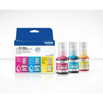 Botellas de tinta Brother BTD100CLVAL Magenta, Cian, Amarillo — tinta en color Original, 5000 páginas de rendimiento