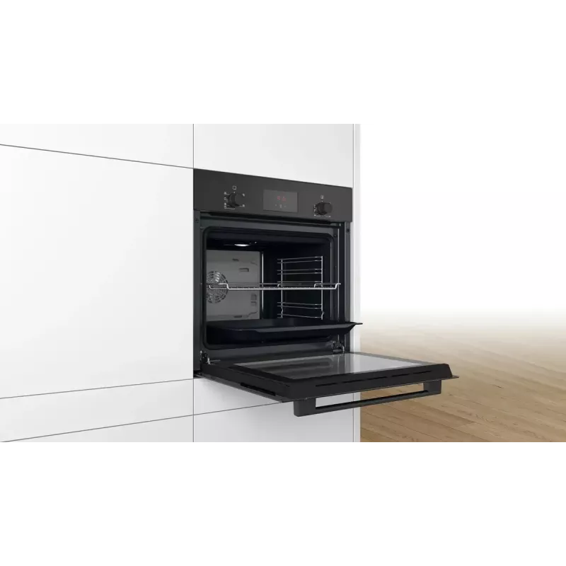 Horno eléctrico empotrable Bosch HBF133BA1 — 66 L, clase energética A, aire caliente, grill, controles táctiles y giratorios, negro