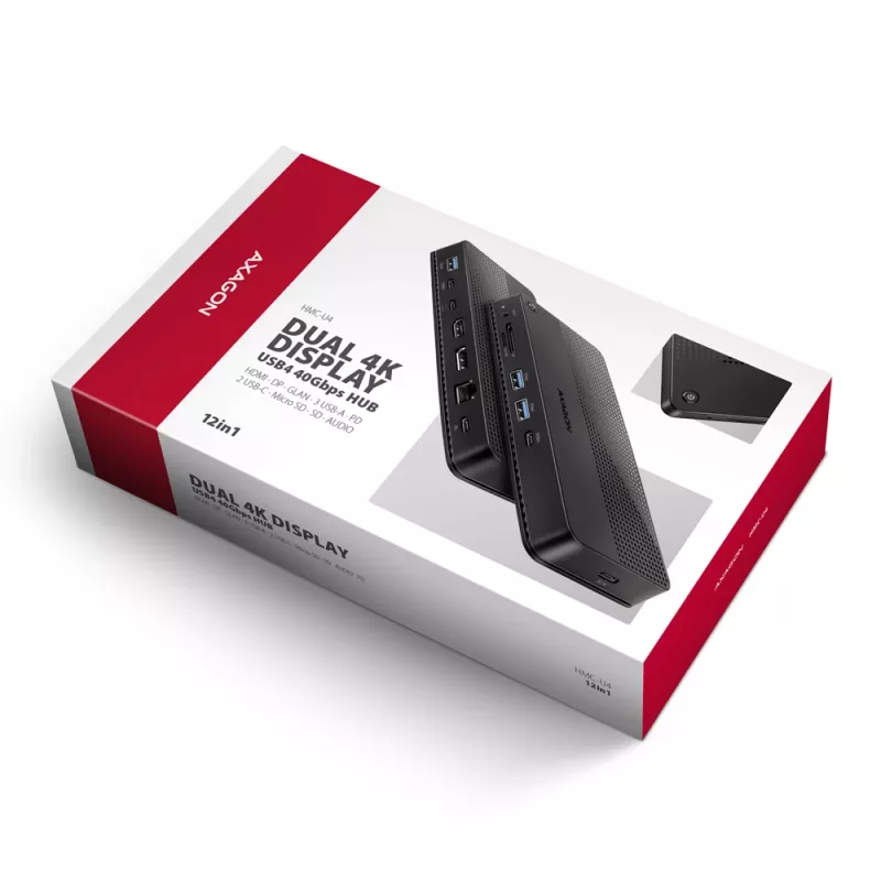 Dock USB4 Axagon HMC-U4, 3x USB-A, 2x USB-C, HDMI y DP 8K/30Hz, RJ-45, SD/mSD, audio, PD 100W
