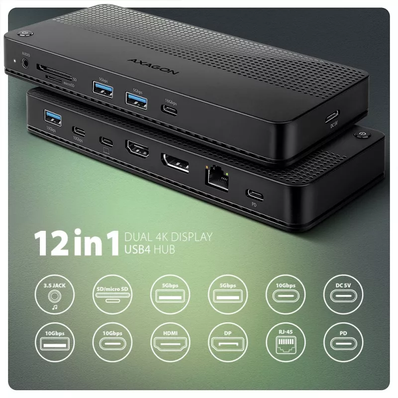 Dock USB4 Axagon HMC-U4, 3x USB-A, 2x USB-C, HDMI y DP 8K/30Hz, RJ-45, SD/mSD, audio, PD 100W